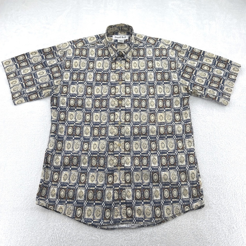 Alexander Martin Mens Button Down Camp Shirt Med Blue Tan Geometric Short Sleeve
